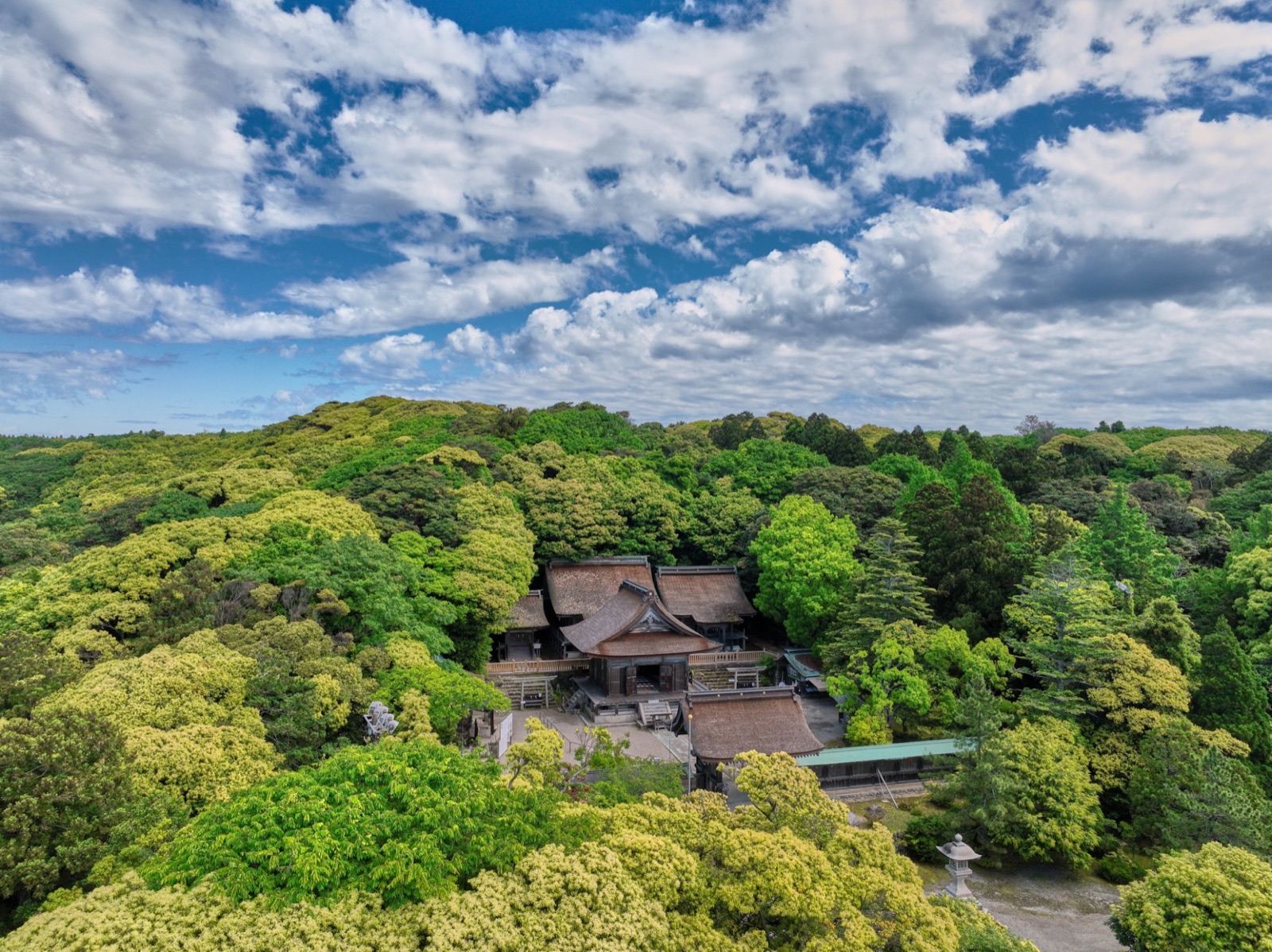 Aerial view of Keta Taisha surrounded by green forest and blue sky