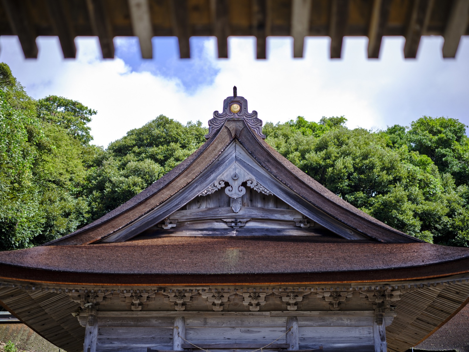 The roof of Keta Taisha worship hall seen beneath the eaves