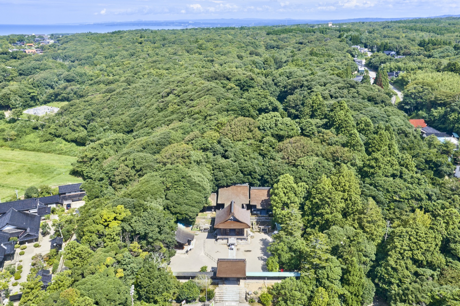 Aerial view of the sacred forest Irazu no Mori around Keta Taisha